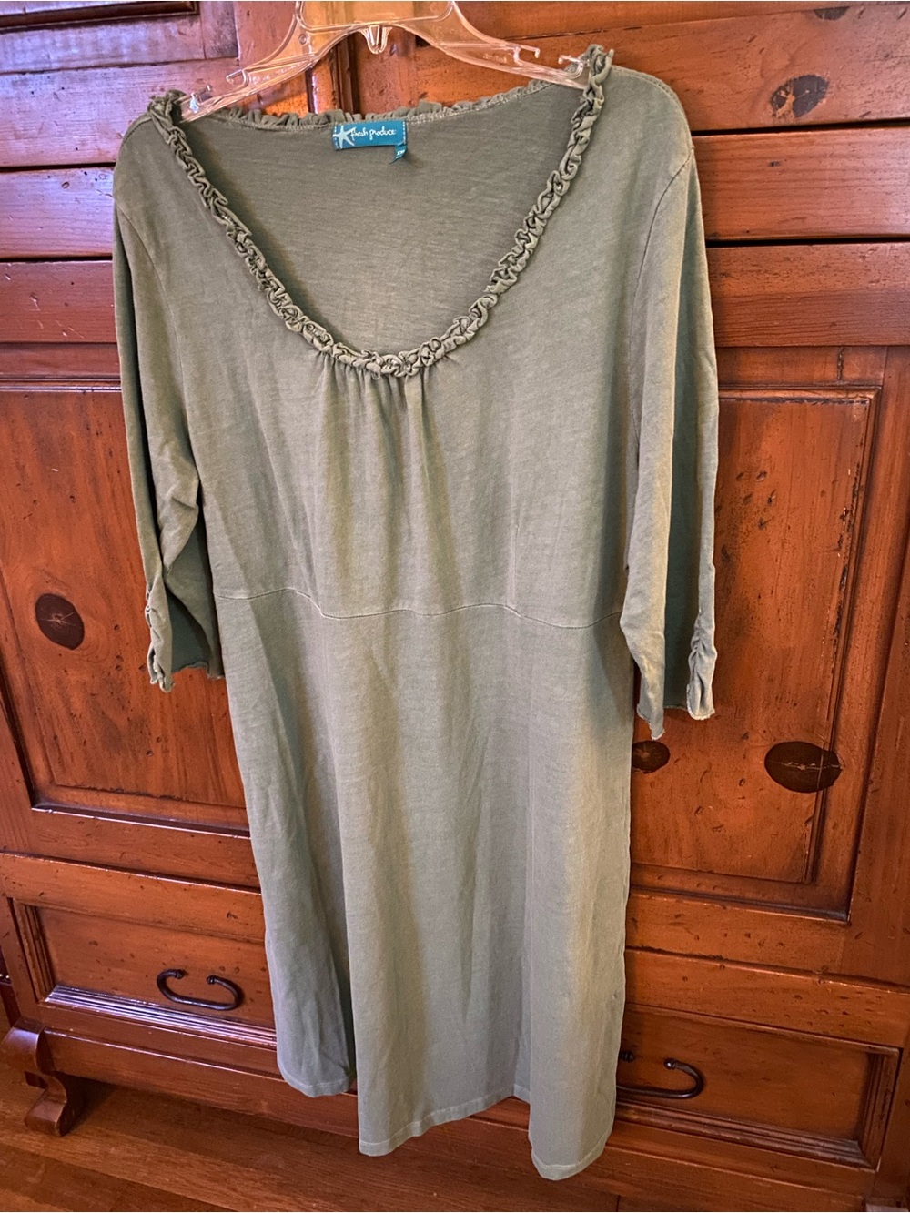 Fresh Produce Midi Dress 3/4 Sleeve Ruffle Scoop Neck Olive Size XXL 2X